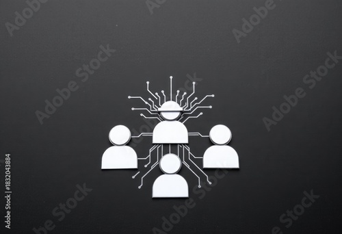 Four white icon figures connected by circuit lines with central VR headset figure