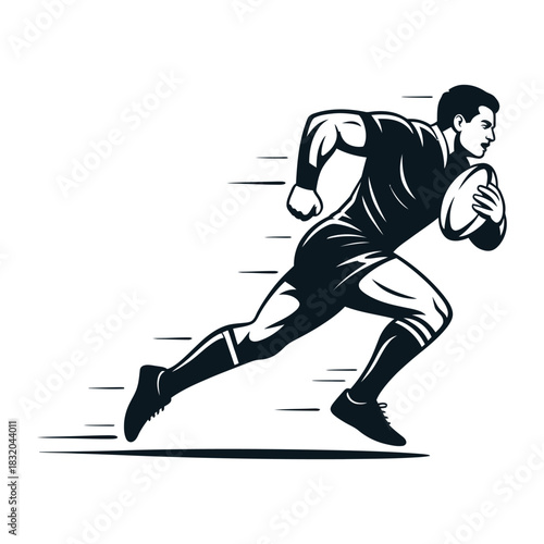 Black and white silhouette illustration of a fast rugby player running with the ball, isolated on white background