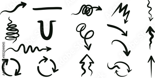 Hand drawn arrow collection in black on white background