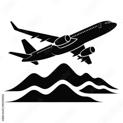 Black silhouette of a modern passenger airplane taking off or flying over stylized mountain range isolated on white background