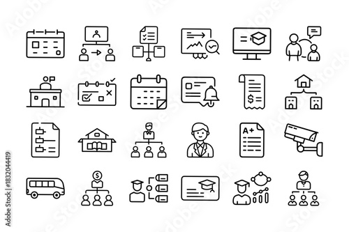 School Management Vector Line Icon. Set with Admission, Attendance, Teacher, Student, Exam, Online Class, Result, Timetable, Administration and More. Editable Stroke. Vector Illustration.