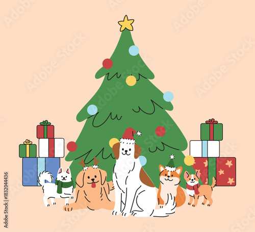 A cute dogs of different breeds wear a Santa winter hat under a Christmas tree. Vector illustration in hand drawn style