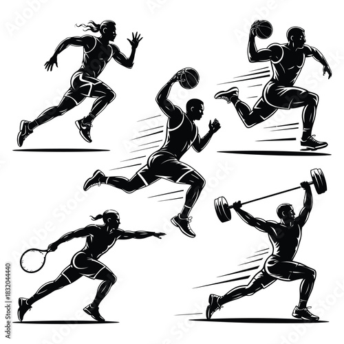 Collection of black silhouette icons depicting various athletic activities like running, basketball, and weightlifting isolated on white background