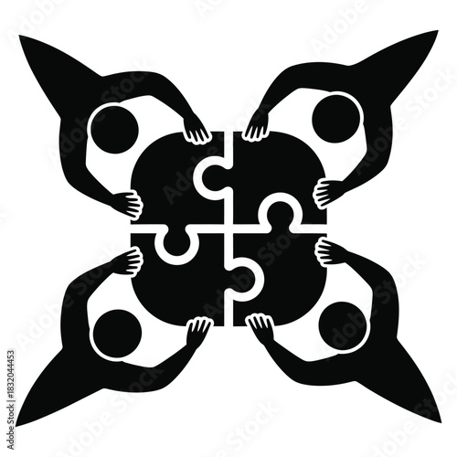 Four silhouette people working together to connect four puzzle piece shapes in a topdown view isolated on white background