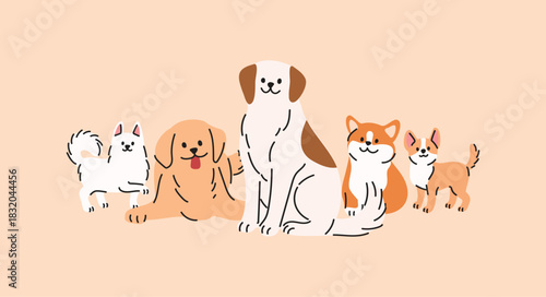A group of cute dogs of different breeds. Vector illustration in hand drawn style