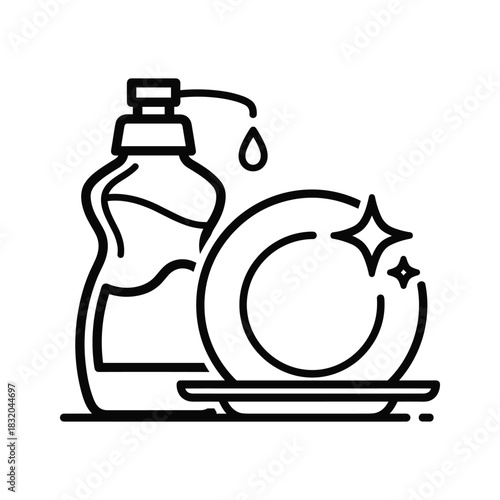 Dish soap bottle with a drop and a sparkling clean plate liquid cleaning