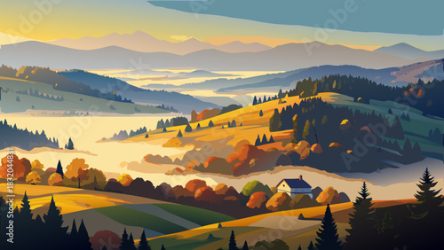 Very beautiful foggy autumn morning in the Carpathian Mountains, featuring rolling hills, golden forests, drifting mist, and a peaceful valley illuminated by soft sunrise colors creating a serene Euro