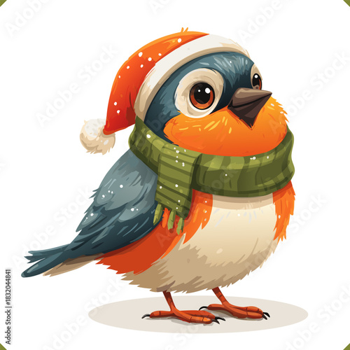 Vector illustration of bullfinch wearing hat and scarf, isolated on a white background