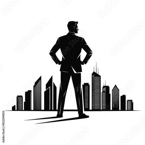 Silhouette of a confident businessman standing with hands on hips looking towards a modern city skyline, isolated on white background