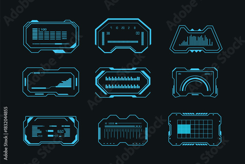 Blue Neon HUD Interface Elements for Virtual Reality Projects