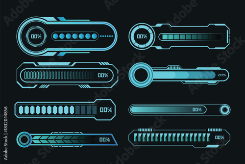High-Tech Sci-Fi HUD Progress Bar Pack – Futuristic Neon Blue Interface Elements with Digital Loading Indicators, Cyber UI Components, Glowing Tech Bars, Percentage Displays, and Modern Dashboard Grap