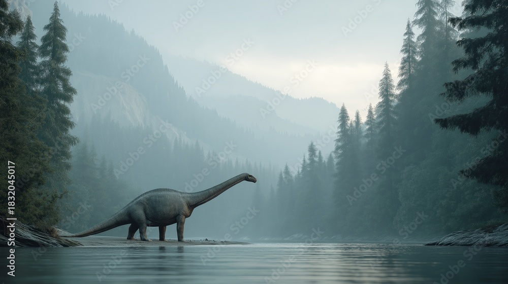 Obraz premium Apatosaurus in Misty Mountain River Scene