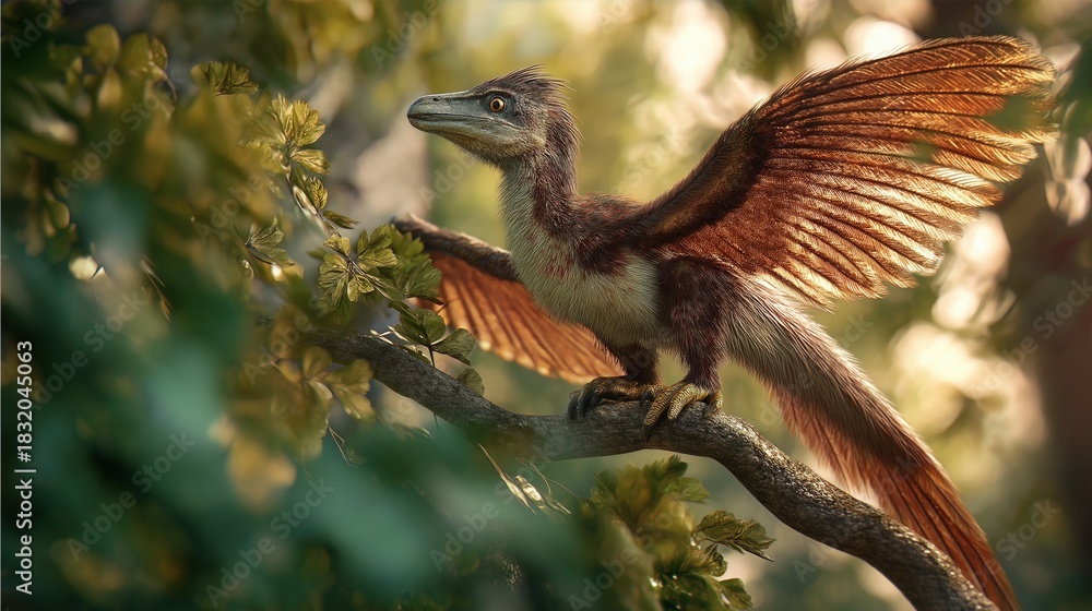 Obraz premium Archaeopteryx Perched on Sunlit Tree Branch