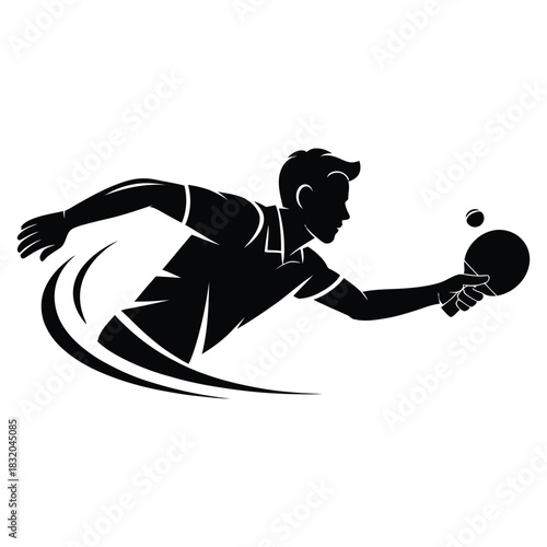 Silhouette of a male table tennis player hitting a ball with a paddle, isolated on white background