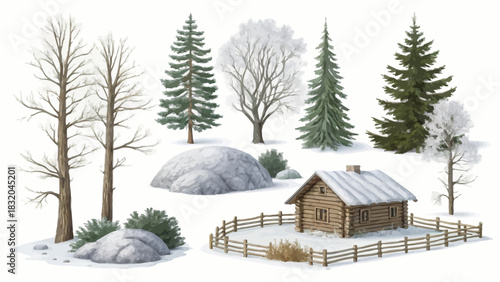 Christmas a winter scene featuring a cabin, snow covered trees, rocks, and a wooden fence line