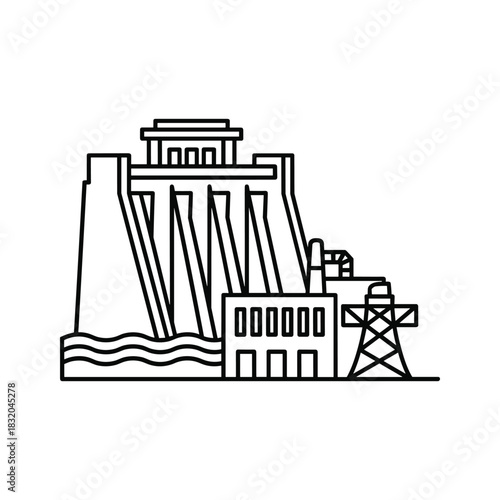 Outline Icon of Hydroelectric Dam, Power Plant, and Transmission Pylon