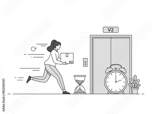 Woman running with package near elevator, hourglass, clock. urgent delivery concept