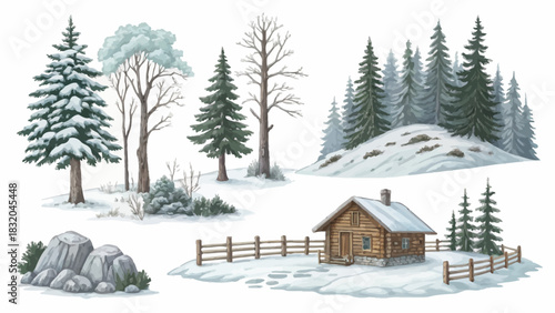 Christmas a winter scene featuring a cozy cabin, snow covered trees, and a serene landscape view