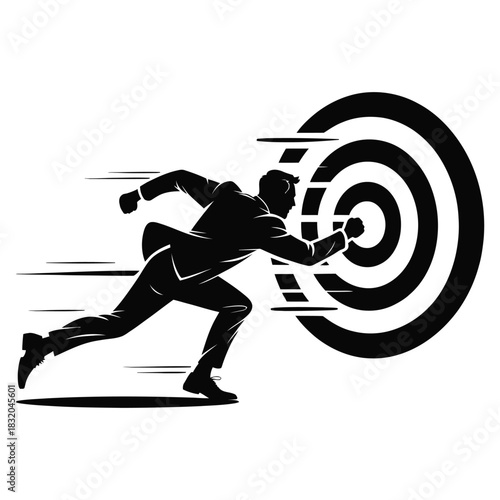 Silhouette of businessman running fast towards a target with motion lines, symbolizing goal achievement and speed, isolated on white background
