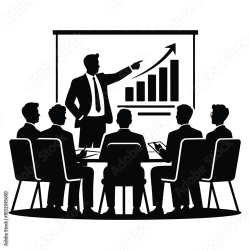 Silhouette of businessman presenting growth chart on screen to seated audience in meeting room for business concept