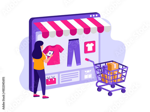 Woman shopping online for clothes on large tablet screen with full cart illustration