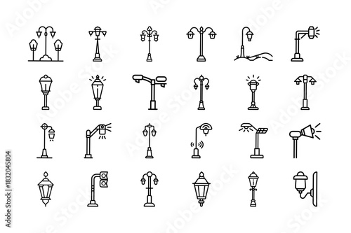 Lamppost Light Vector Line Icon Set. Street Light, Park Lamp, Garden Lantern, Urban Lighting, Pole Lamp, Outdoor Illumination and More. Editable Stroke. Vector Illustration on White Background