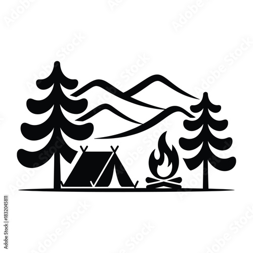 Simple black and white vector graphic illustration of a campsite with a tent, campfire, pine tree, and mountain silhouette