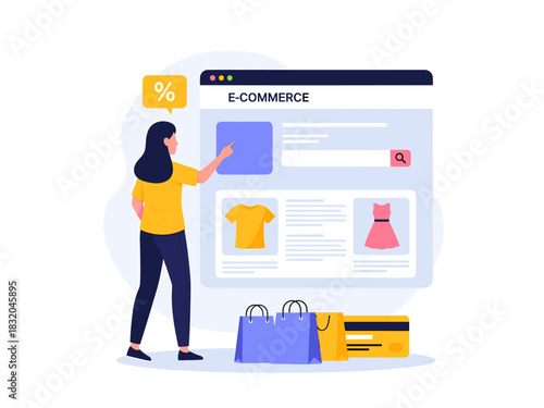 Online shopping woman browsing e-commerce website, discounts, secure payment method.