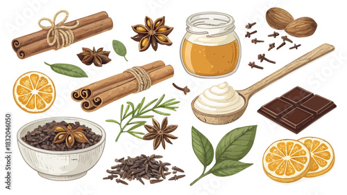 Christmas illustration of various spices including cinnamon sticks star anise and chocolate bar