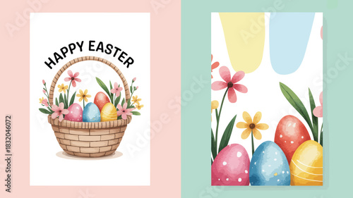 Happy easter greeting card with a woven basket full of colorful eggs and spring flowers illustration