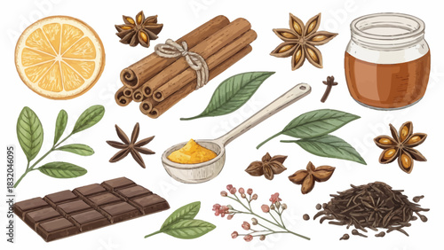 Christmas a watercolor painting of spices including cinnamon sticks, chocolate and star anise