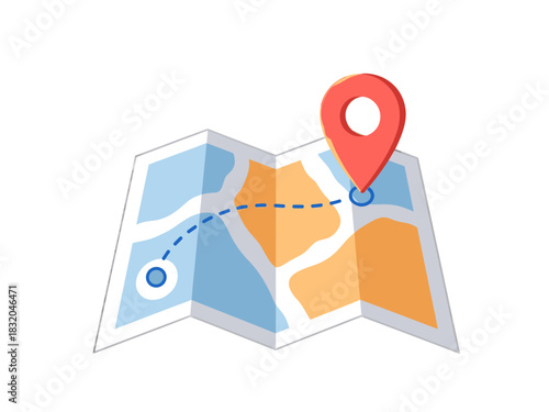 Folded map with navigation route and red gps location pin pointer for travel