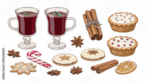Christmas illustration of two glasses of mulled wine with spices and christmas sweets arranged