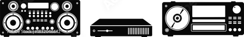 Silhouette Icons of Audio Equipment, Boombox, Media Player, DJ Controller – Retro and Modern Music Devices in Minimalist Black Design