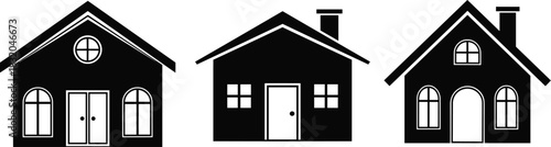 Silhouetted Residential Architecture Featuring Three Distinct House Designs with Varied Rooflines, Window Shapes, Door Styles, and Chimney Placemen