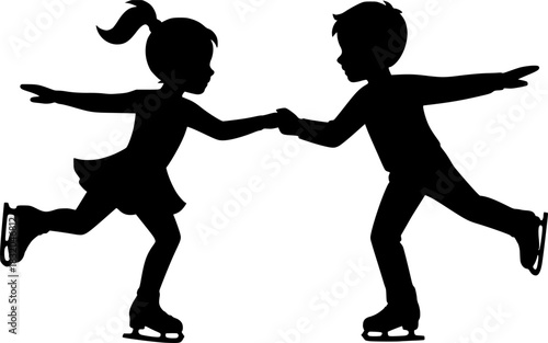 Young Skaters Balancing Holding Hands Silhouette. Figure skating, kids, teamwork, beginner, black and white vector