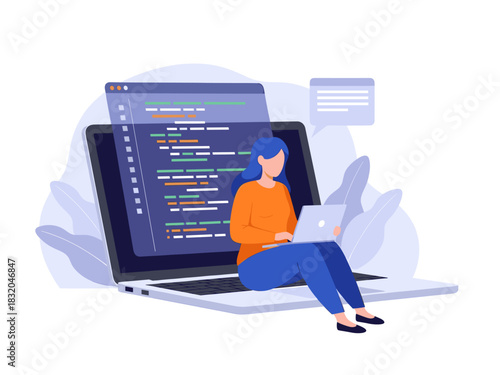 Female programmer coding on laptop, developing software with abstract code display. vector.