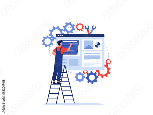 Developer optimizing website layout on a ladder with gears and wrenches for setup