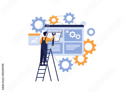 Developer maintains website with wrench, web service development and repair settings