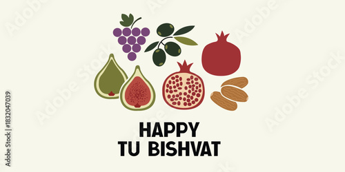 Greeting card illustration for the Jewish holiday of Tu BiShvat with the Seven Species of fruits