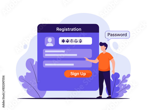 Online account registration process with a man entering user details and password.