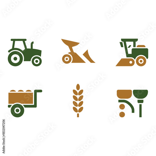 Set of agricultural icons featuring tractors and farm equipment