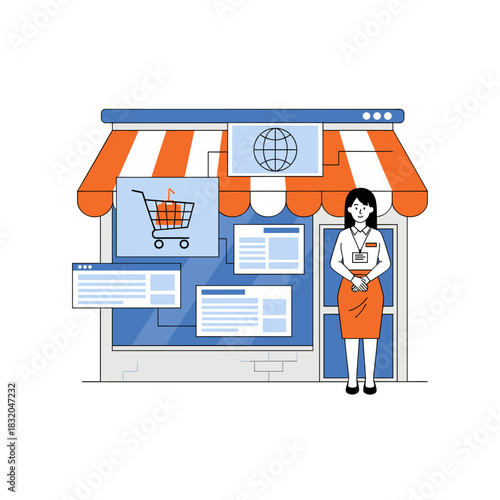 Online store interface with shopping cart and saleswoman representing digital retail.
