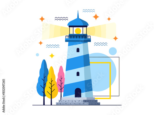 Blue and white striped lighthouse illuminating the sea, flat vector illustration