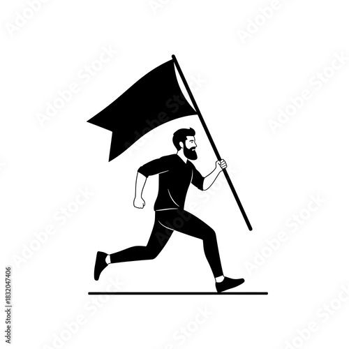 Bearded man running with large black flag, symbolizing leadership and determination.