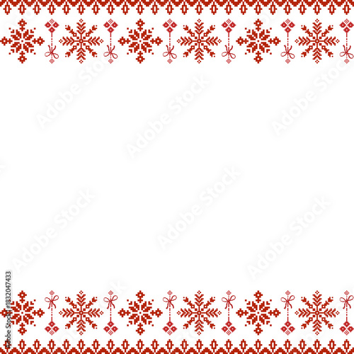 Christmas frames cross stitch borders pixel art style. Features red snowflake ornament on white. Ideal for retro holiday flyers, greeting cards, packaging,nostalgic textile design.