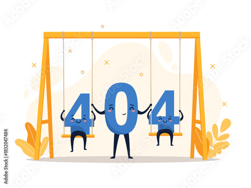 Funny 404 error page illustration with happy cartoon numbers playing on a swing set