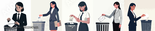 vector woman gesture throwing envelope into trash