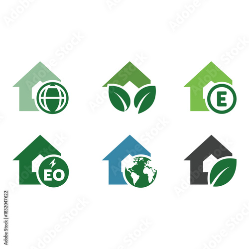 Eco friendly house logos with green energy and earth symbols
