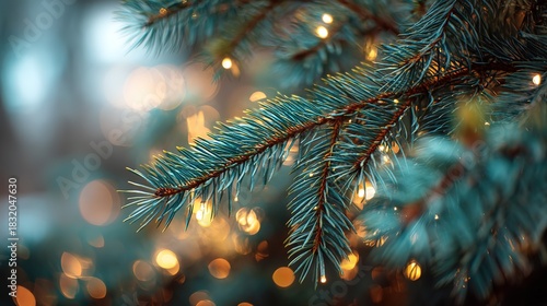 Shiny evergreen pine branches decorated with glowing warm fairy lights for winter holiday celebration